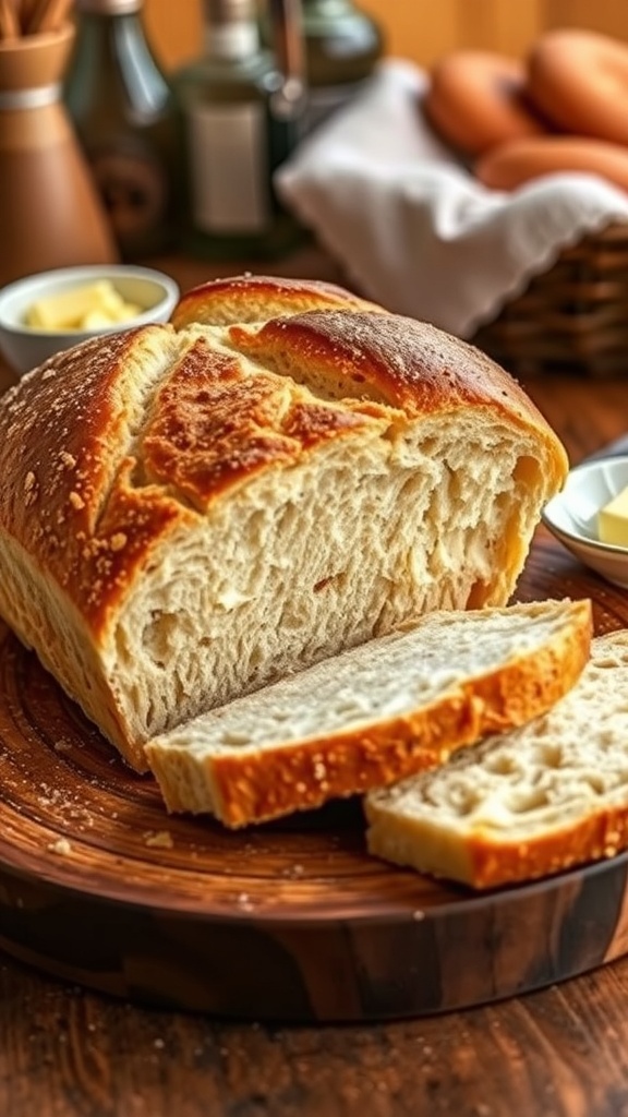 A crusty loaf of Dutch oven bread on a wooden board with slices cut, butter on the side.